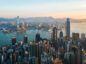 Hong Kong skyline at sunset, symbolizing the AEOI Bill 2026